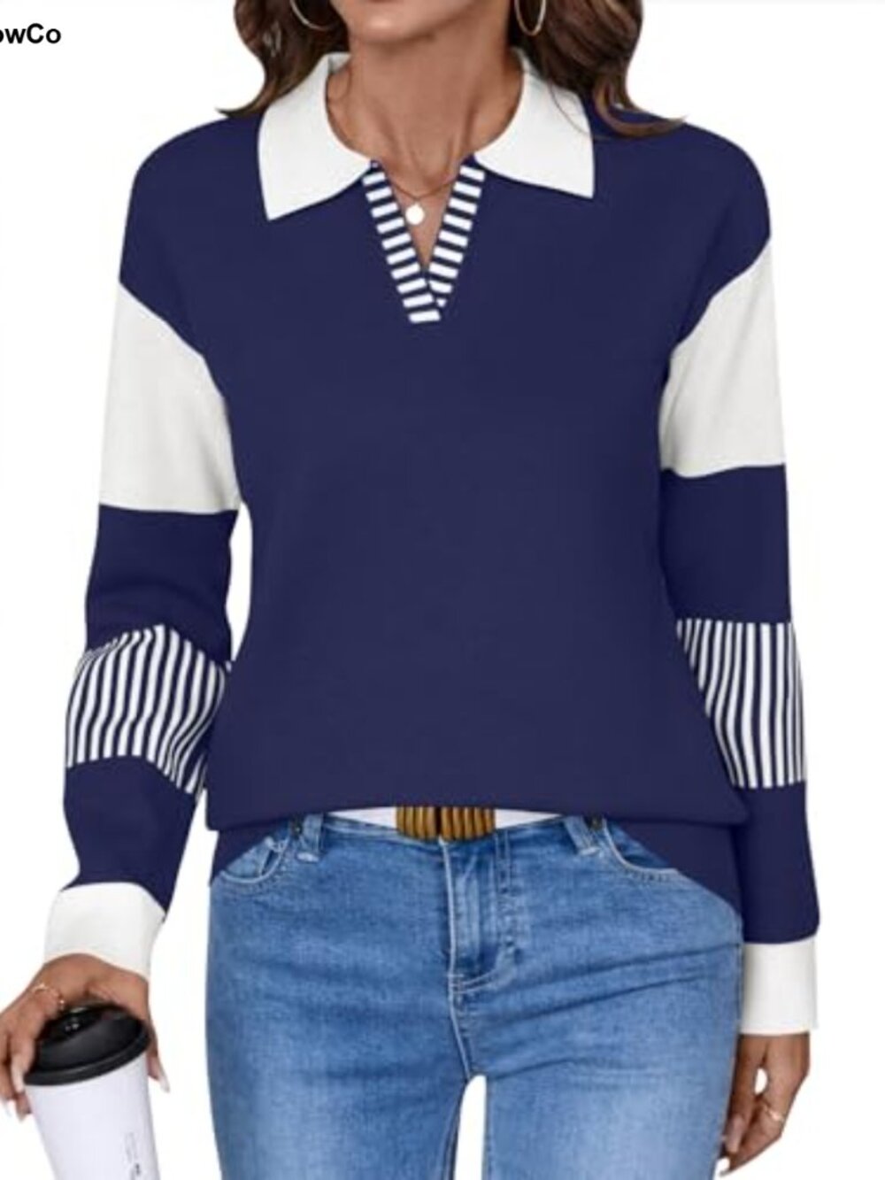 V-Neck Long Sleeve Color Block Striped Knit Pullover Jumper Loose Fit